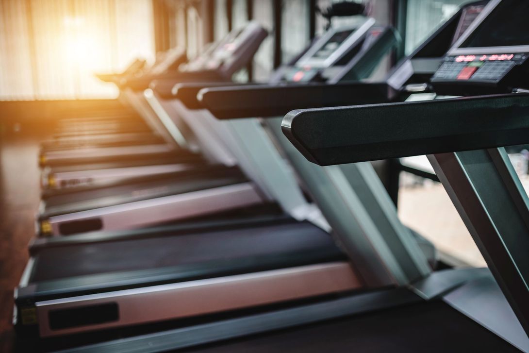 Una fila di tapis roulant in una palestra luminosa, con la luce del sole che filtra da sinistra.