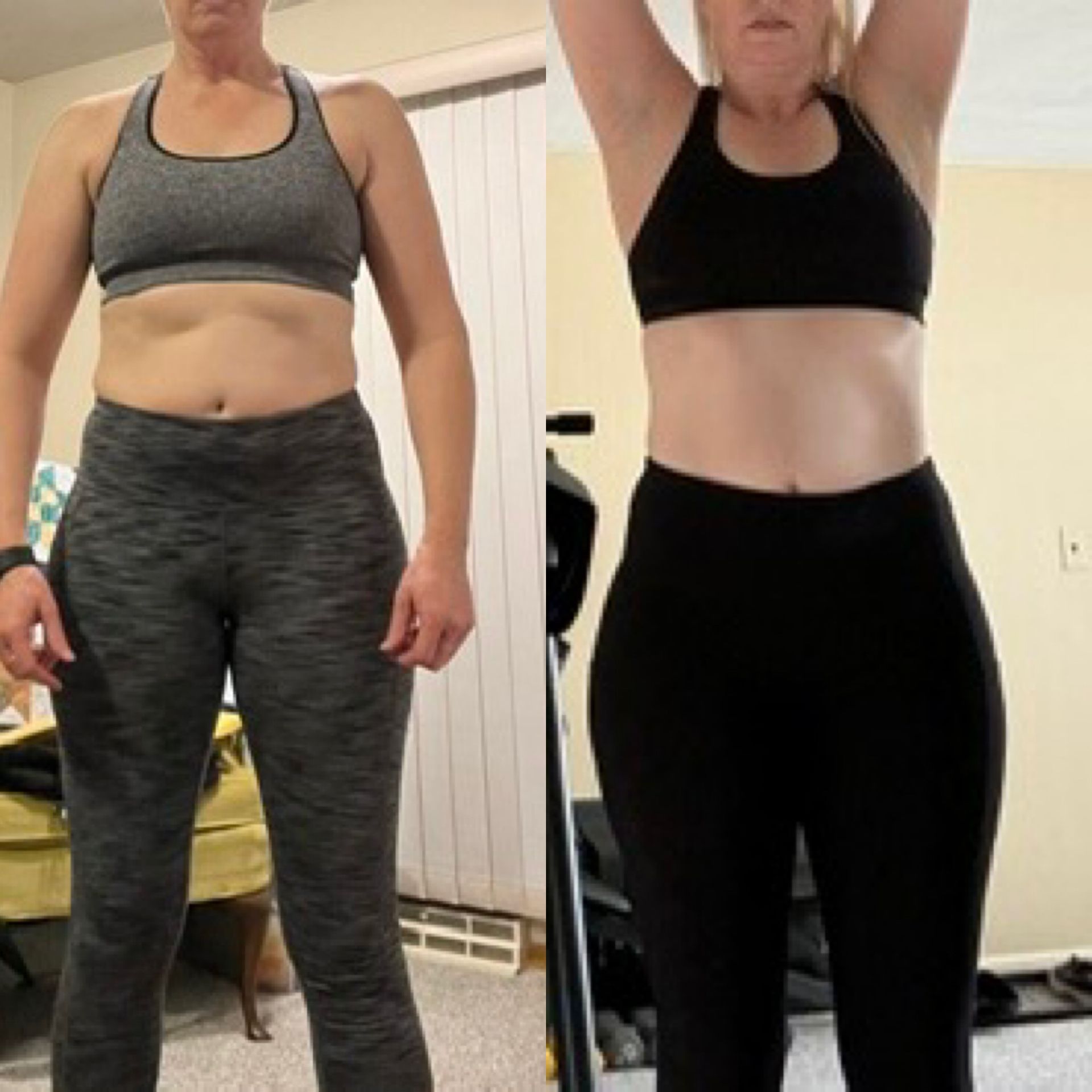 Side-by-side torso comparison in a home, showing one person in sportswear before and after body transformation.