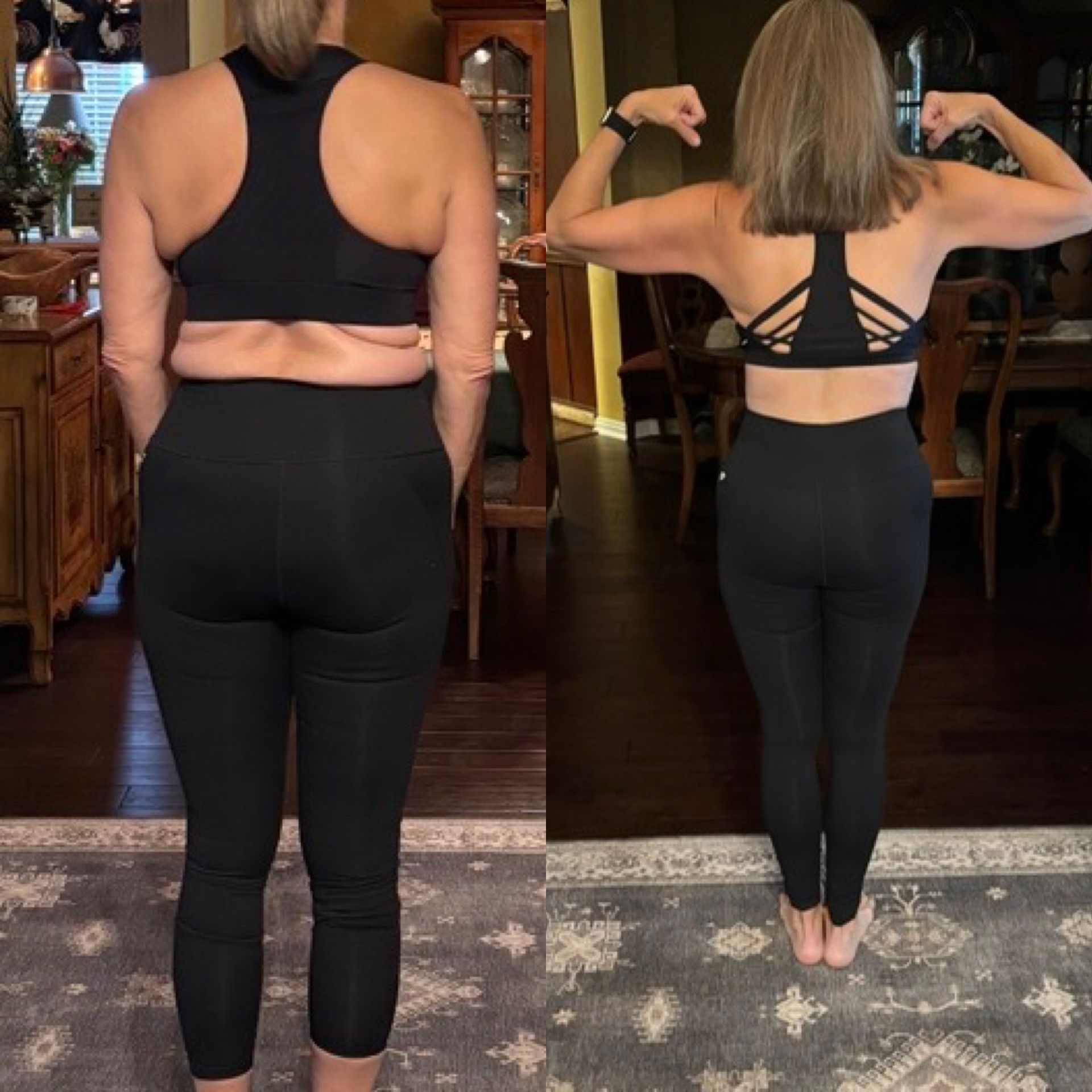 Two people in workout clothes stand indoors, one facing away and one flexing both arms.