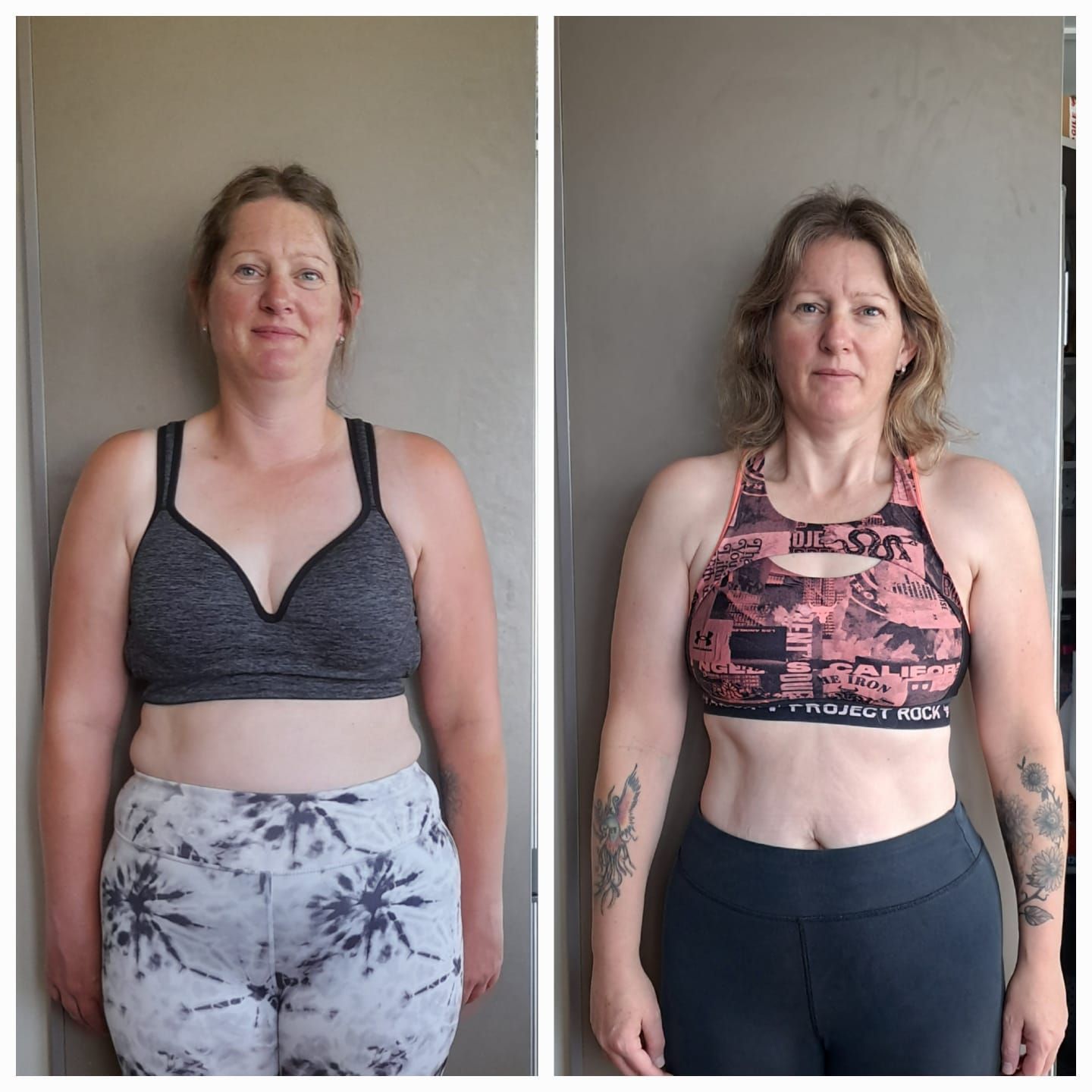 Side-by-side full-body photos of the same person in workout clothes, showing a before-and-after transformation.