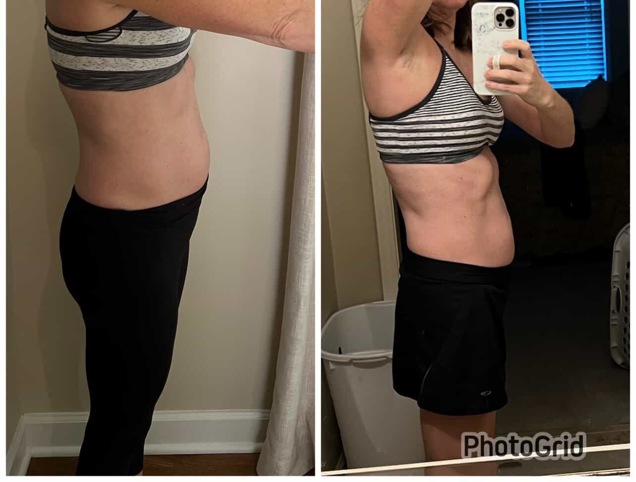 Side-by-side mirror photos of a person in striped sports bra and black shorts showing a side-profile fitness progress.