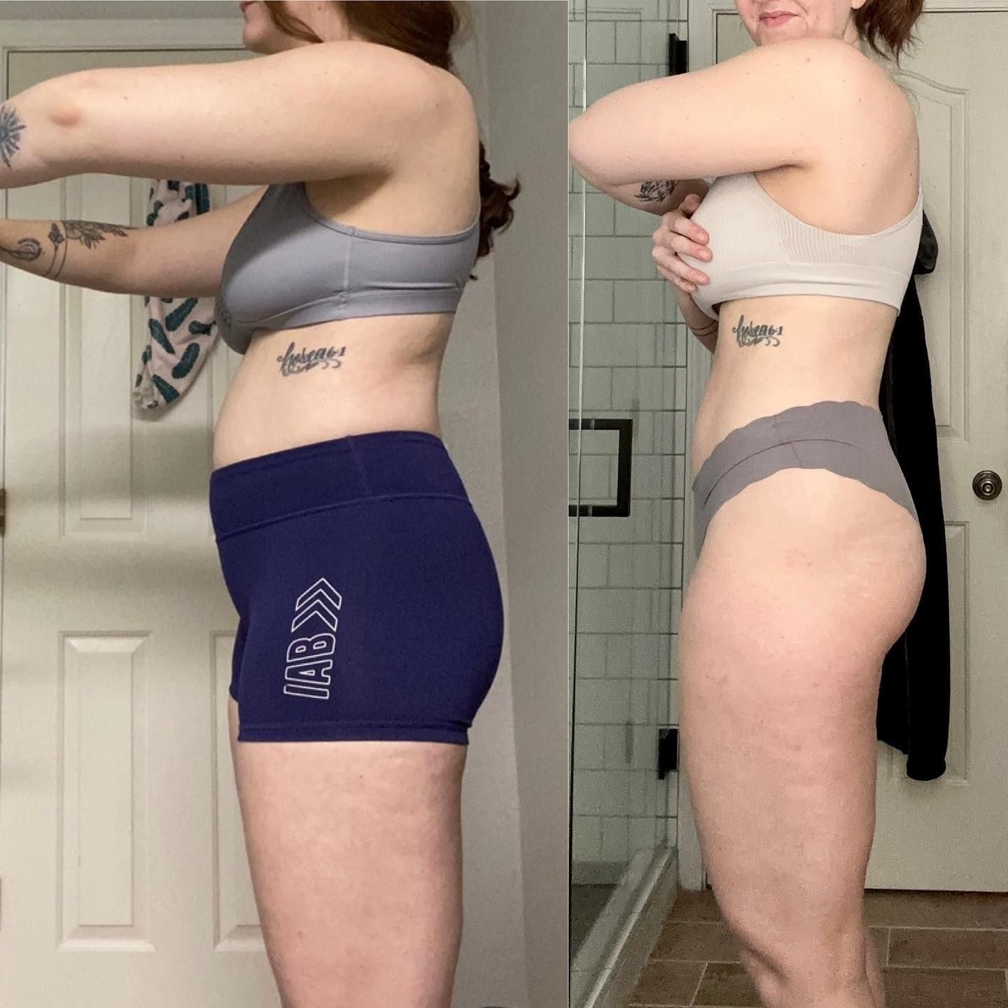 Side-by-side bathroom mirror comparison of a person’s torso and legs, wearing workout clothes in two poses.