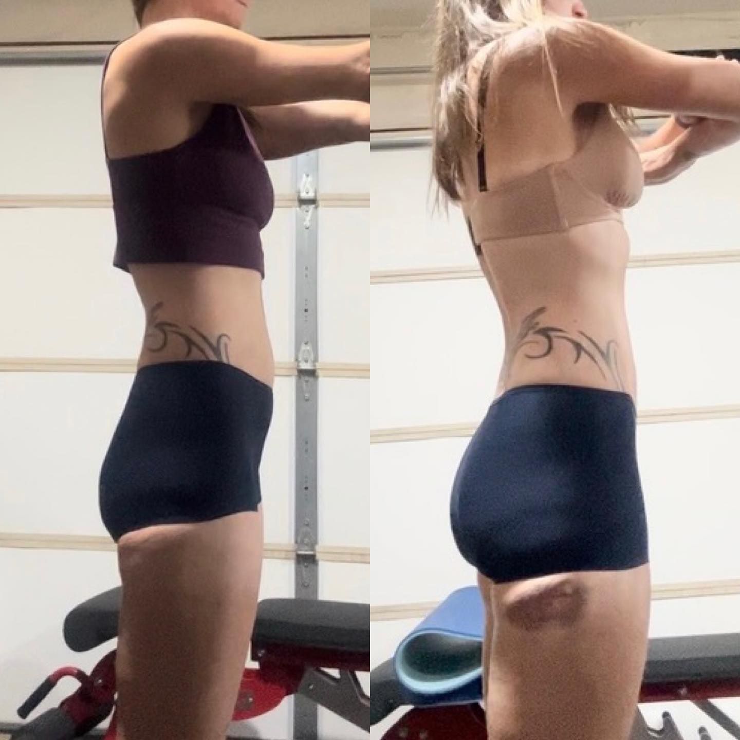 Side-by-side profile photos of a person flexing in workout clothes, showing posture and body changes