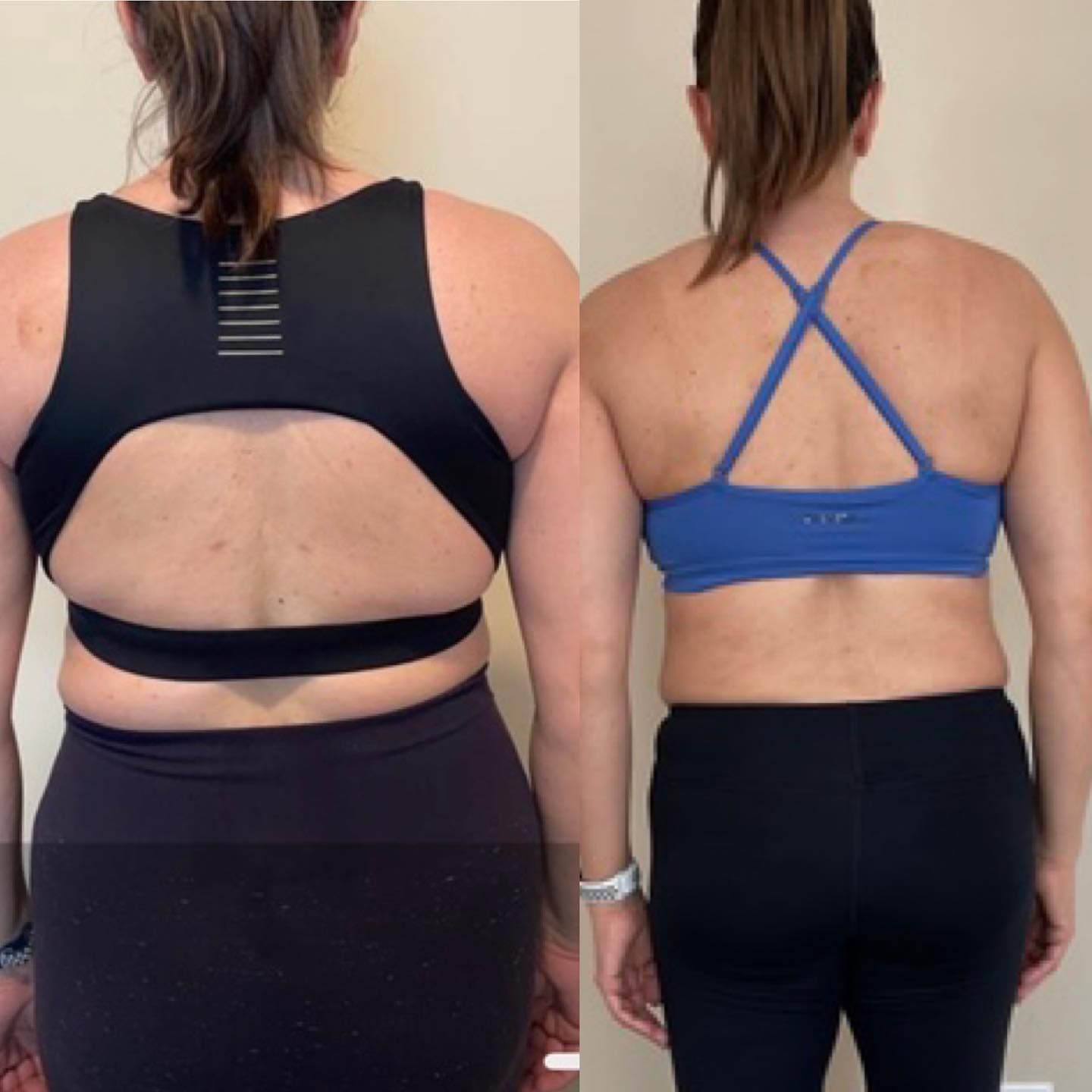 Back view comparison of a person before and after weight loss, wearing dark leggings and blue sports bra
