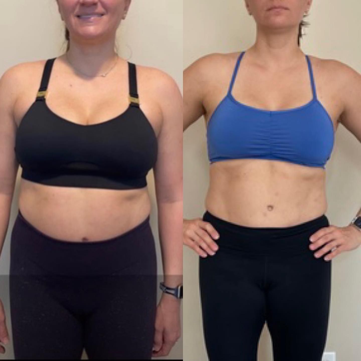 Side-by-side front-body progress photos of a person in black leggings and sports bras, showing before and after.