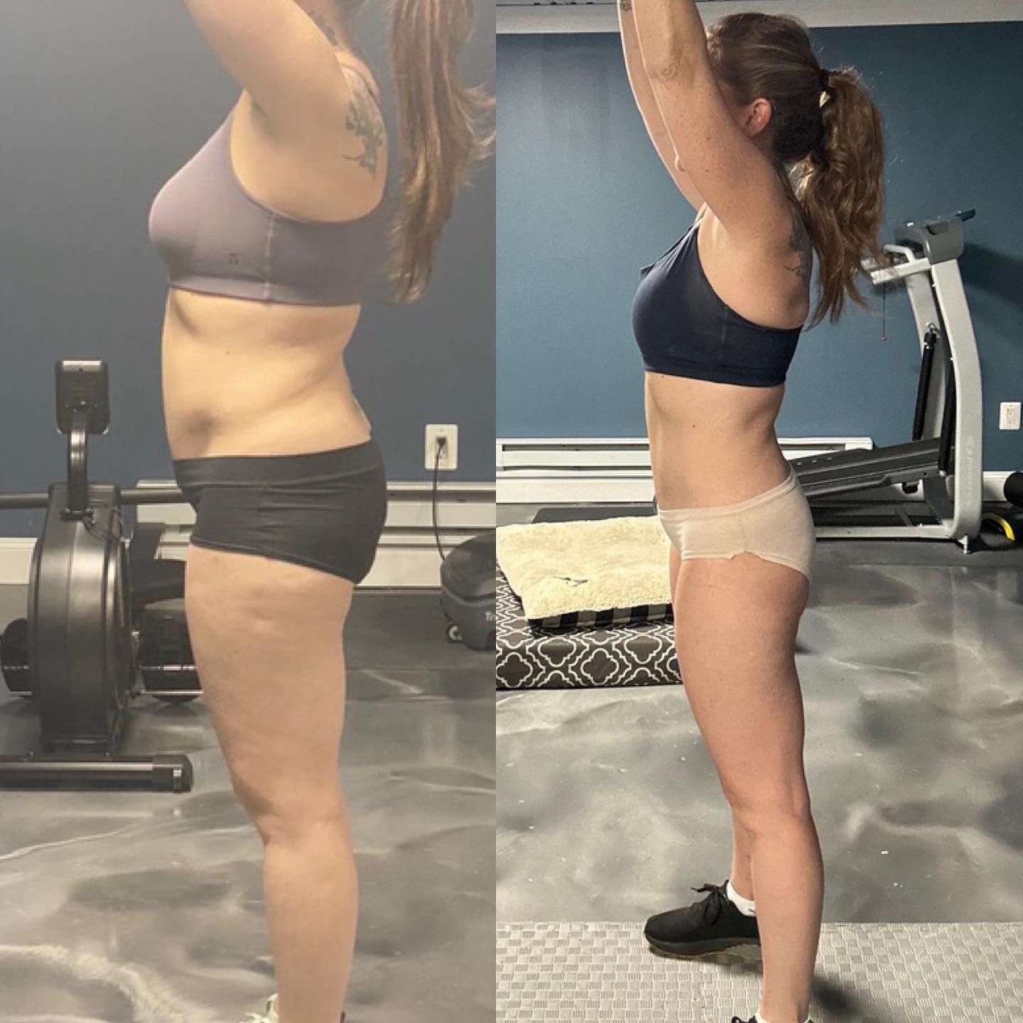 Side-by-side profile photos of a person standing in a gym, showing a before-and-after body comparison.