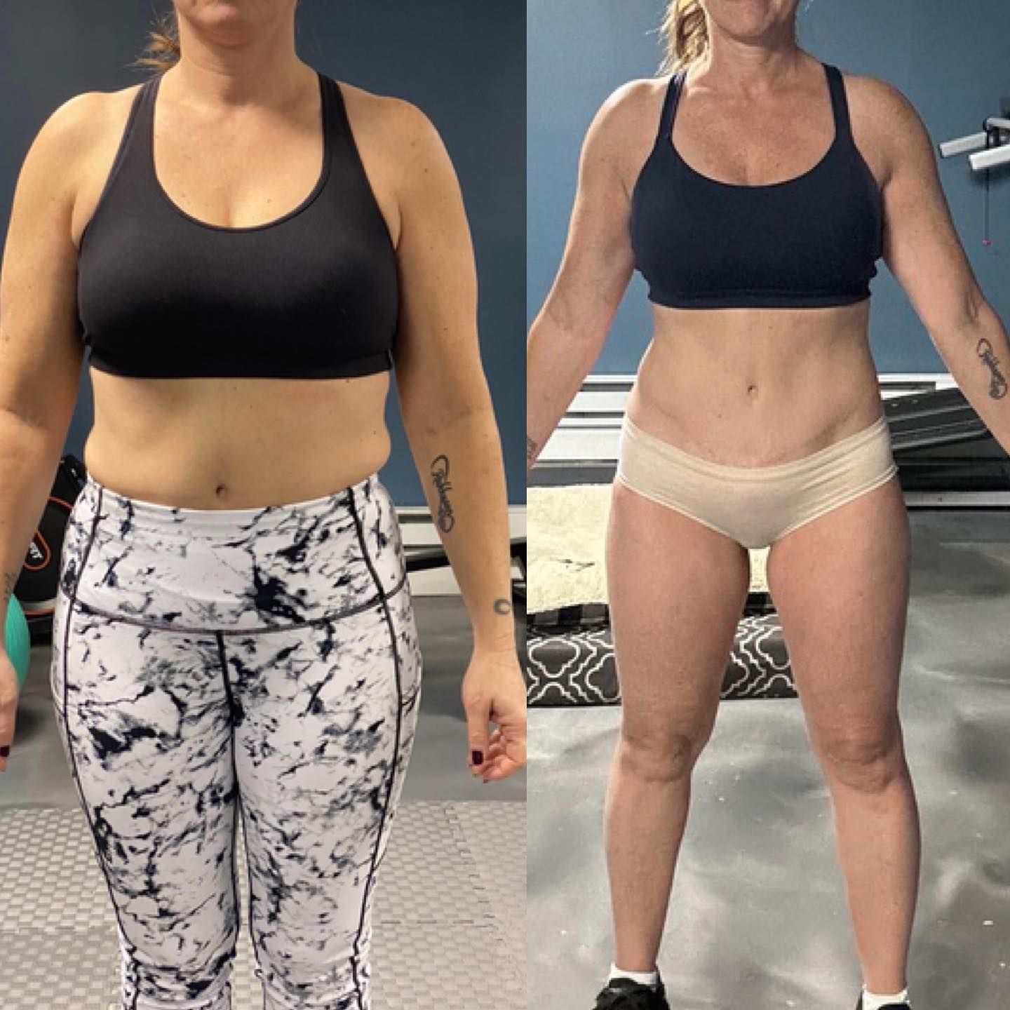 Side-by-side fitness progress photos of a person in workout clothes, before and after weight loss.