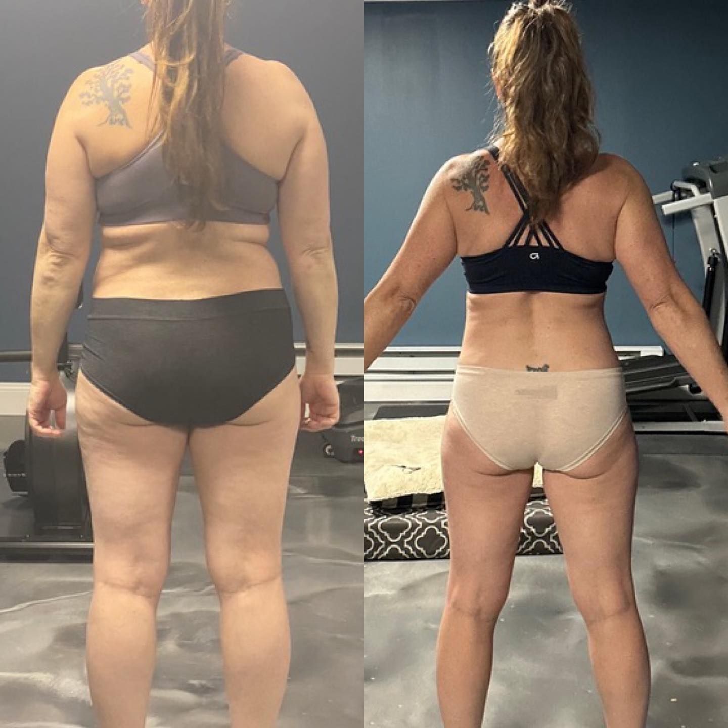 Two women in workout clothes stand with backs to camera in a gym, showing before-and-after body comparison.
