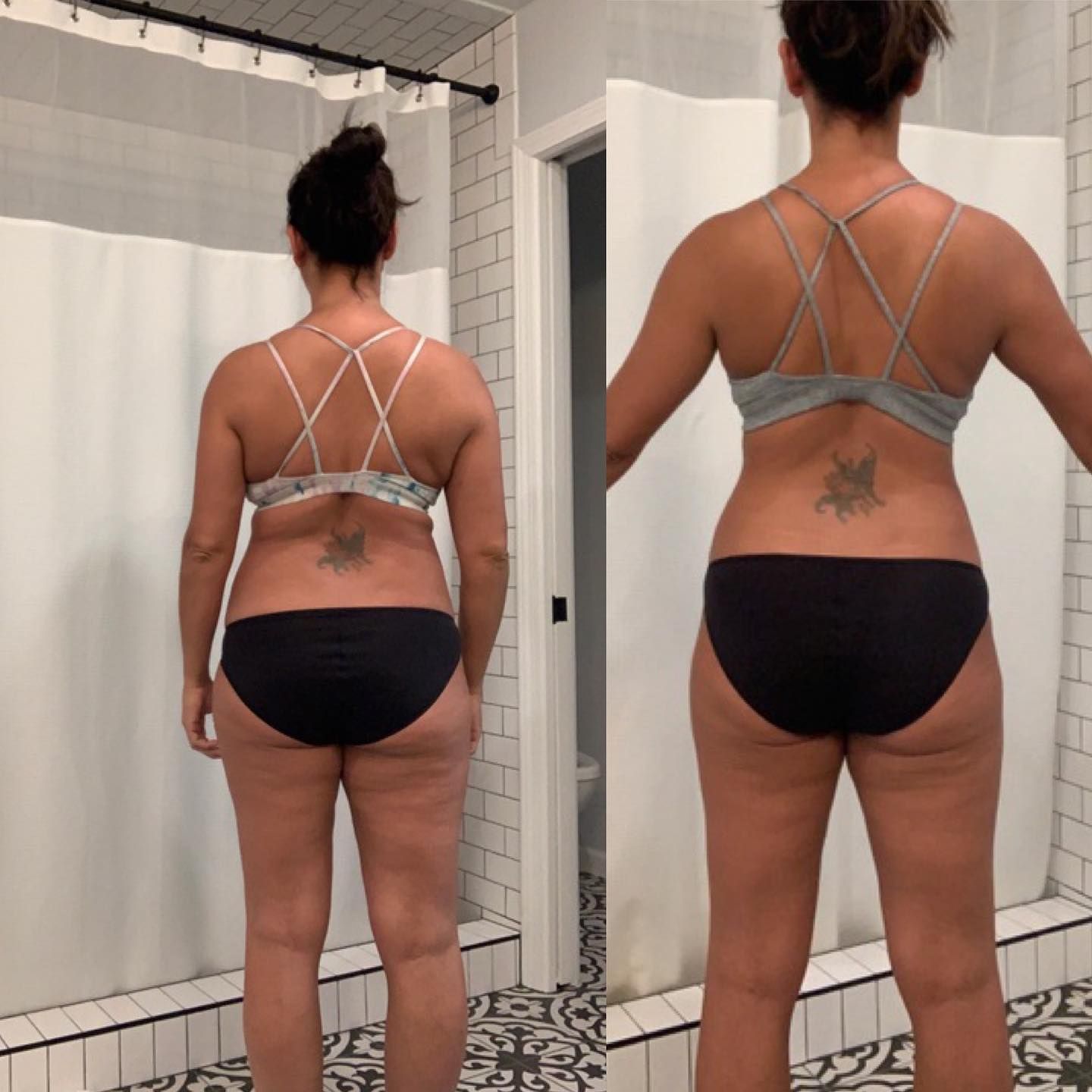 Back view comparison of the same person in underwear and sports bra, standing in a bathroom.