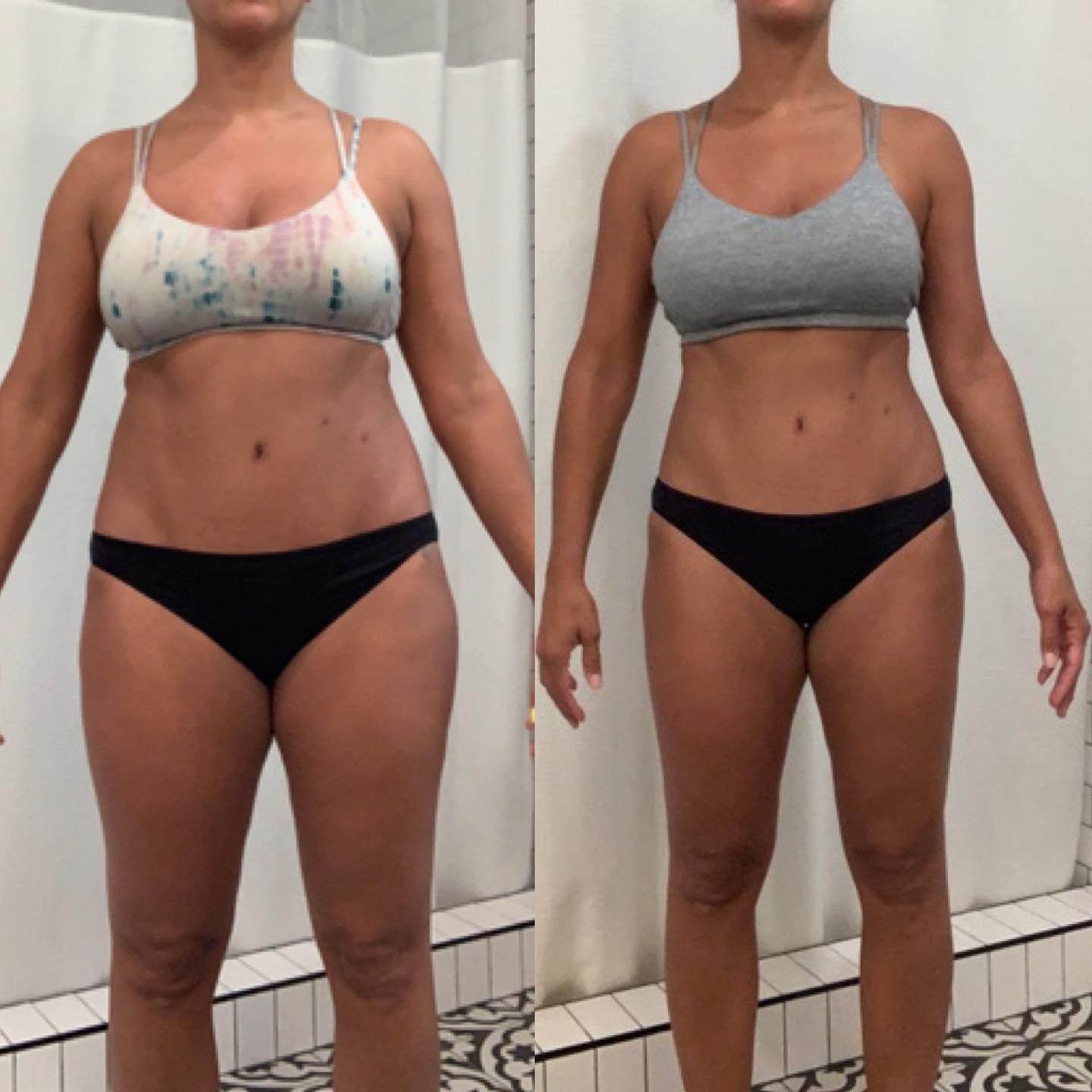 Side-by-side body progress photos of a person in a sports bra and black underwear.