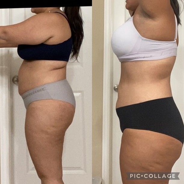 Side-by-side body transformation comparison in side profile, wearing dark top and shorts on the left, white top and black shorts on the right