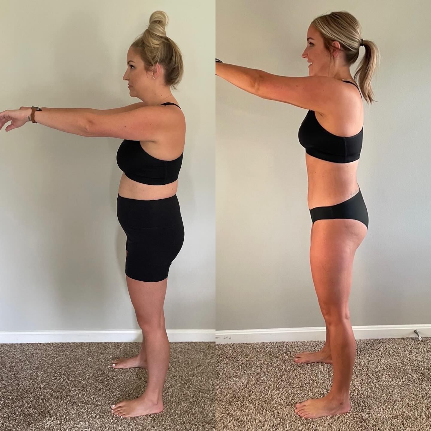 Side-by-side profile views of a person in black workout clothes, arms extended forward against a plain wall.