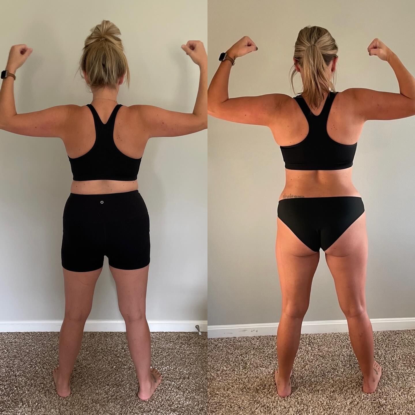 Back view of a person flexing in black workout clothes, showing before-and-after fitness progress