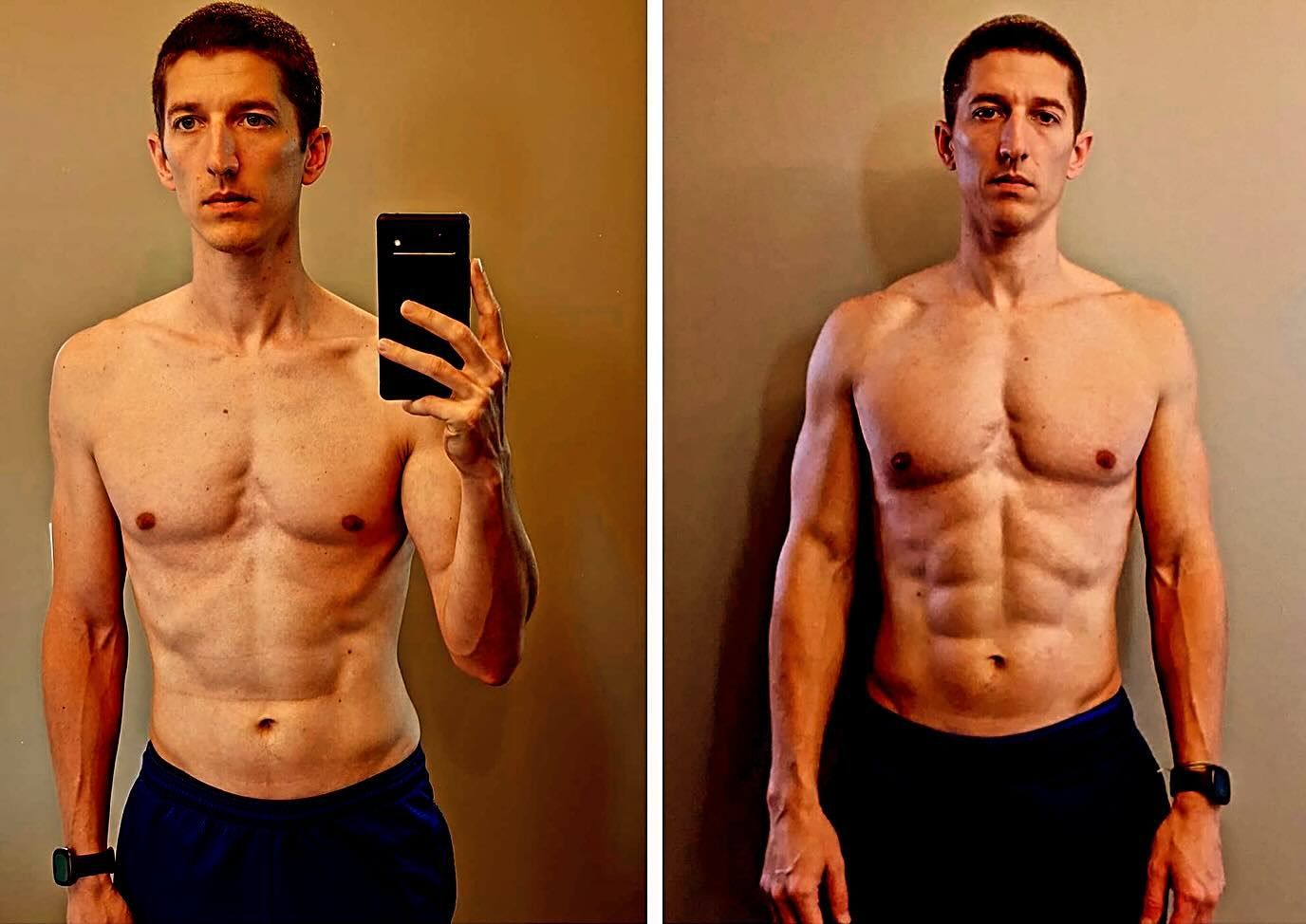 Before-and-after mirror selfie of a shirtless man showing body transformation in a room