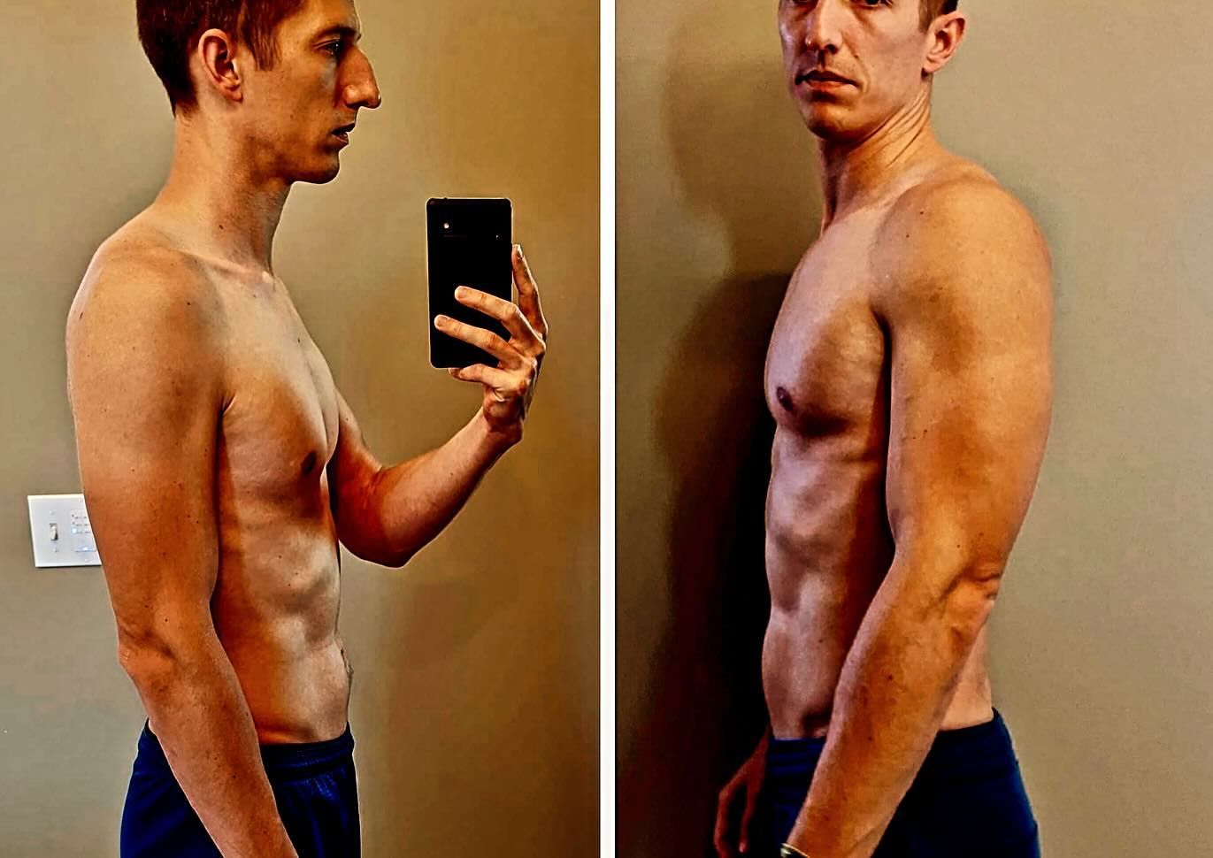Side-by-side mirror selfies showing a shirtless man’s side profile and back, highlighting torso and arm muscles