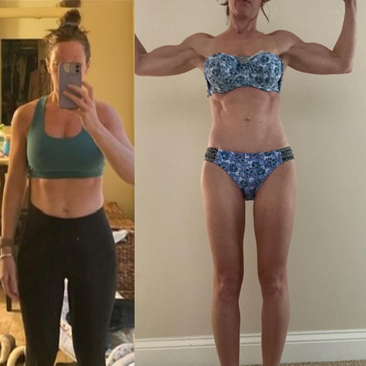 Side-by-side mirror photos of a person in workout clothes, showing before-and-after physique progress.