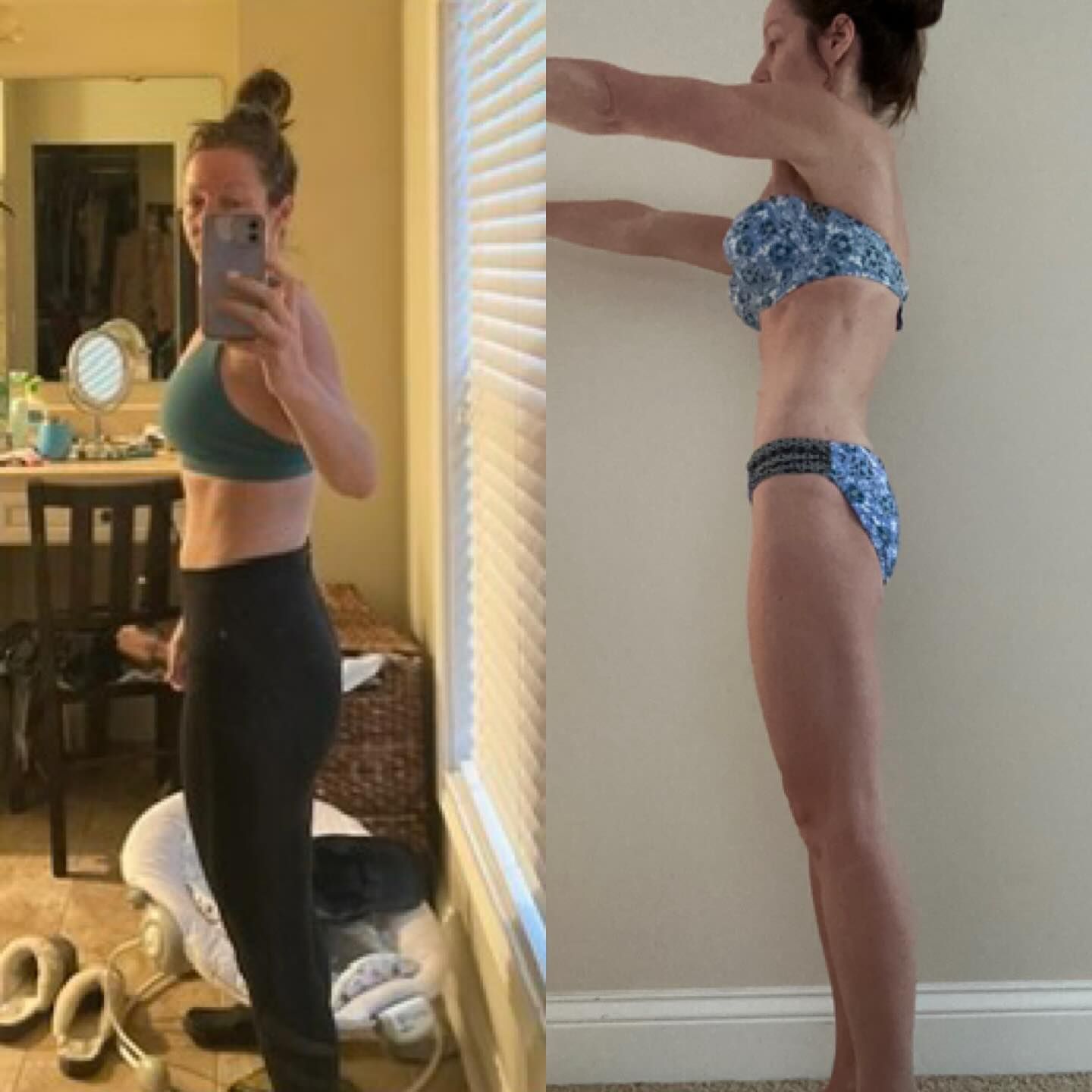 Side-by-side mirror progress photo of a person in blue sportswear and black leggings, showing side profiles.