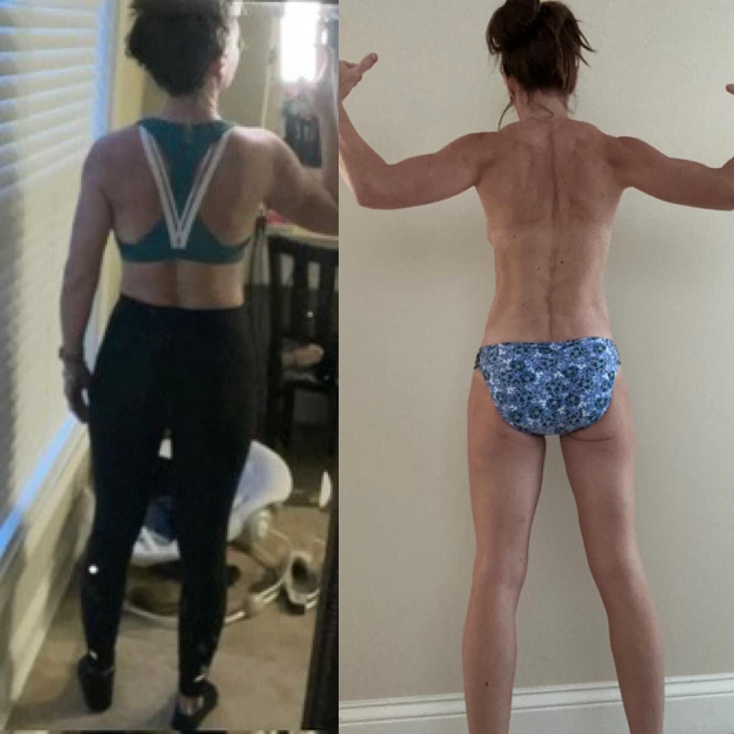 Side-by-side back views of a person in athletic wear, showing a larger and slimmer physique comparison.