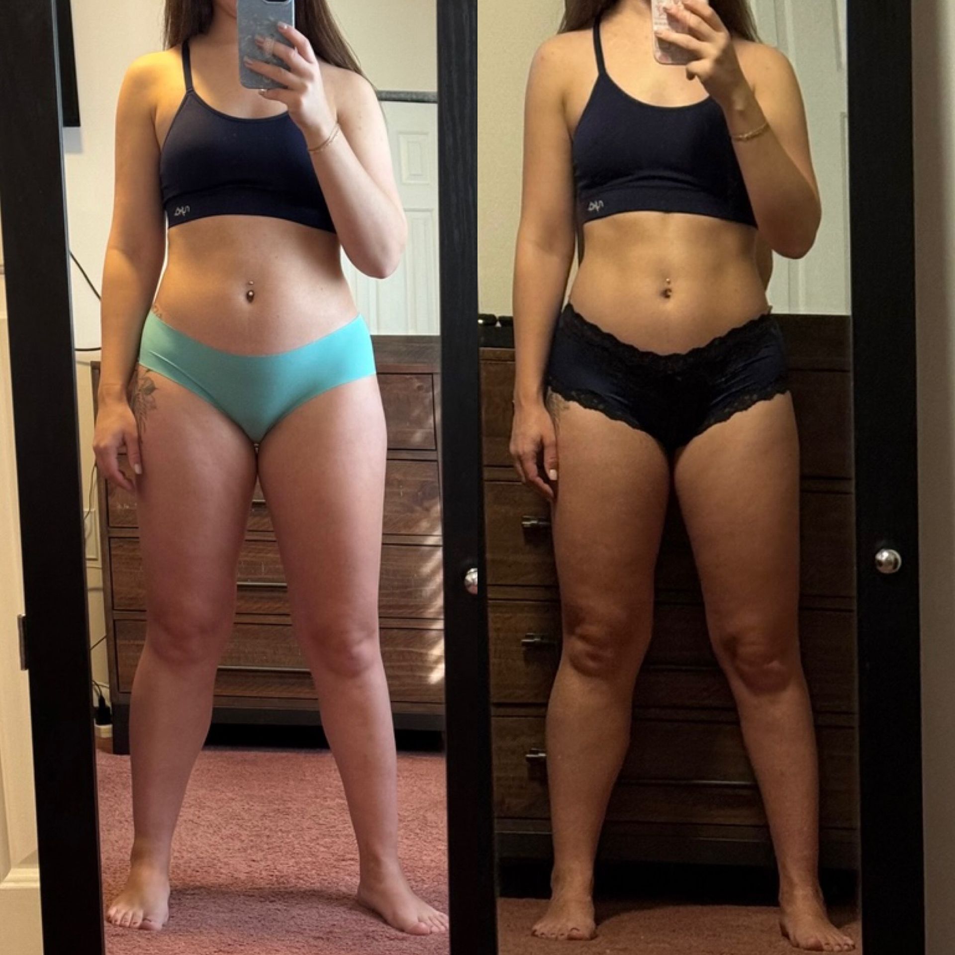 Side-by-side mirror selfies of a person in black top and swimwear, showing before-and-after body comparison.