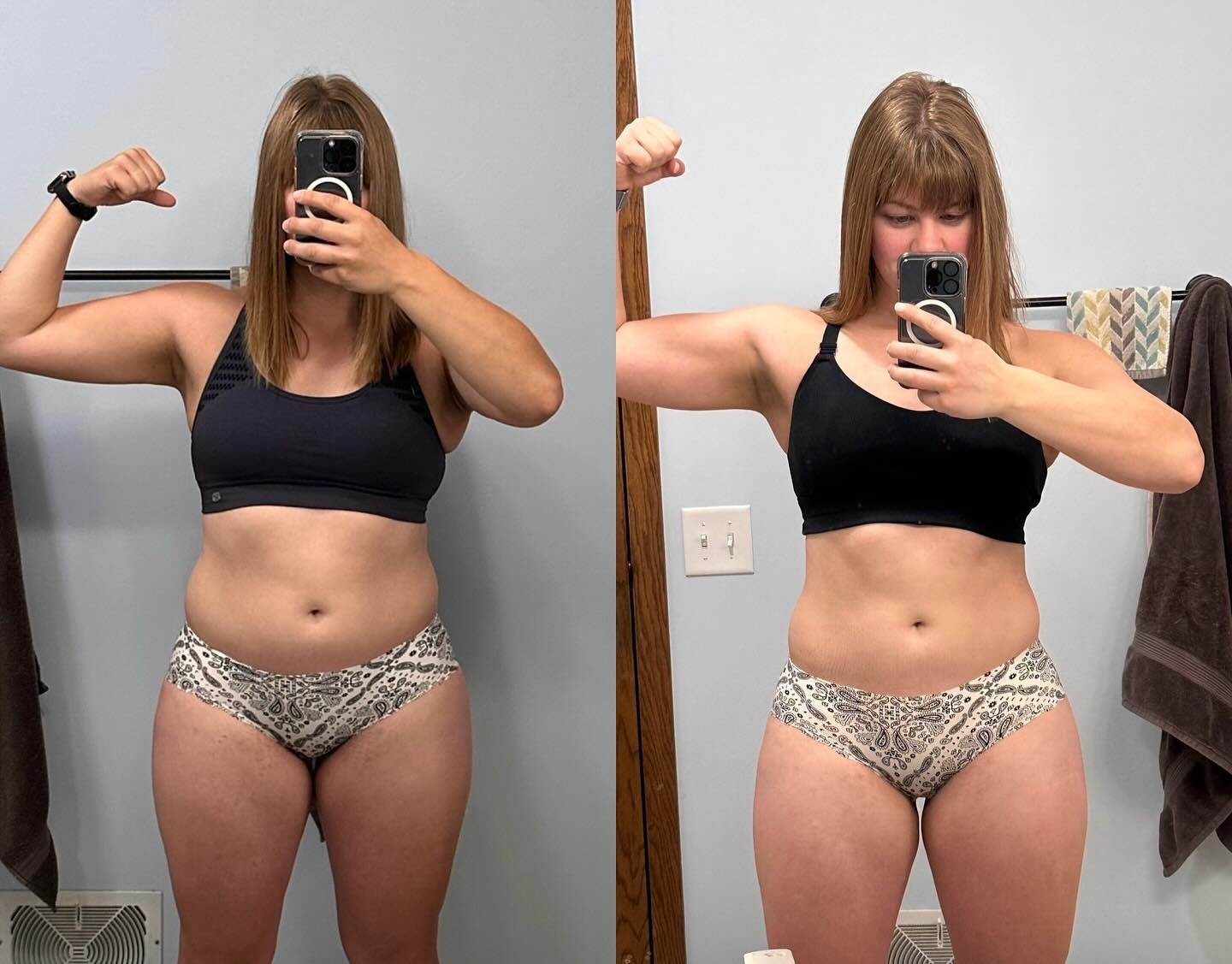 Side-by-side mirror selfies of a person flexing in black top and patterned underwear, showing before-and-after body changes