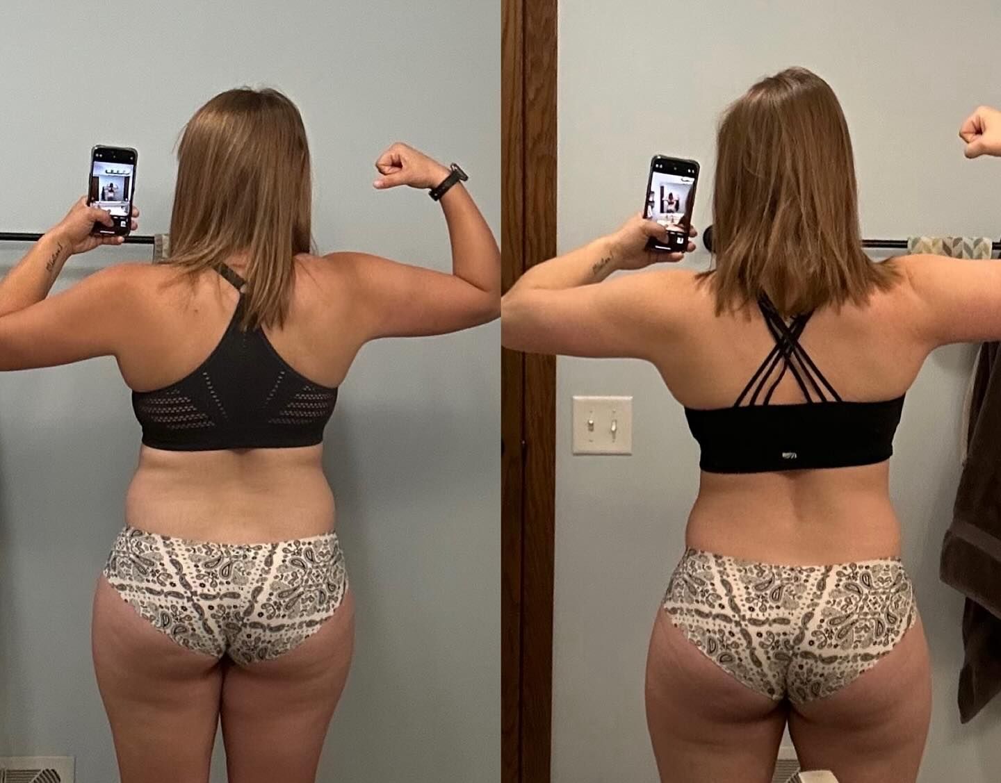 Side-by-side back poses in a mirror, comparing a black sports bra with patterned shorts before and after flexing.
