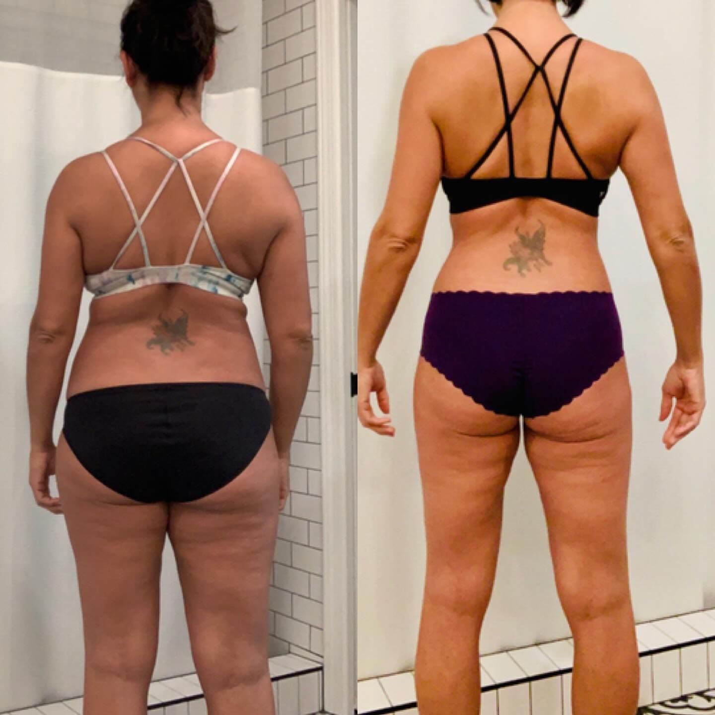 Two back-view photos of a person in workout underwear showing body transformation comparison