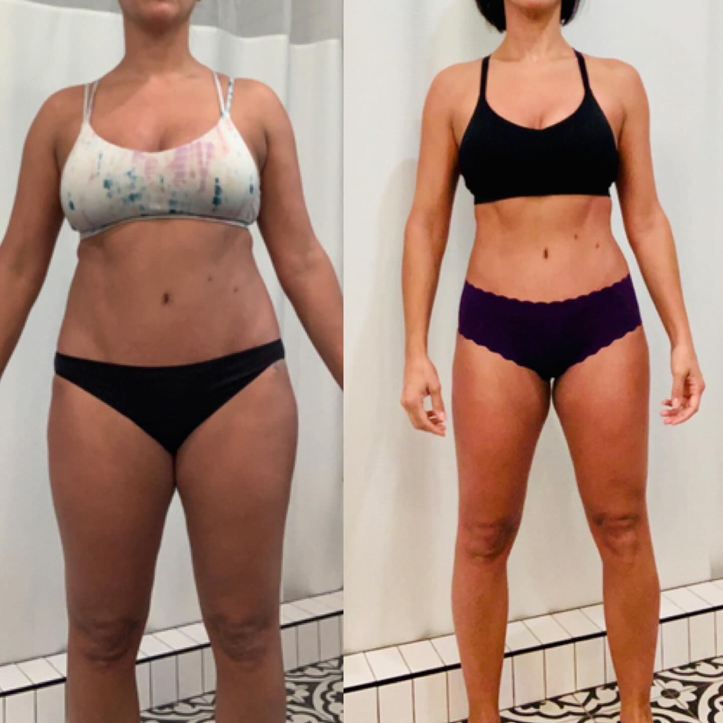 Before-and-after comparison of a woman in underwear, showing a slimmer waist and toned midsection.