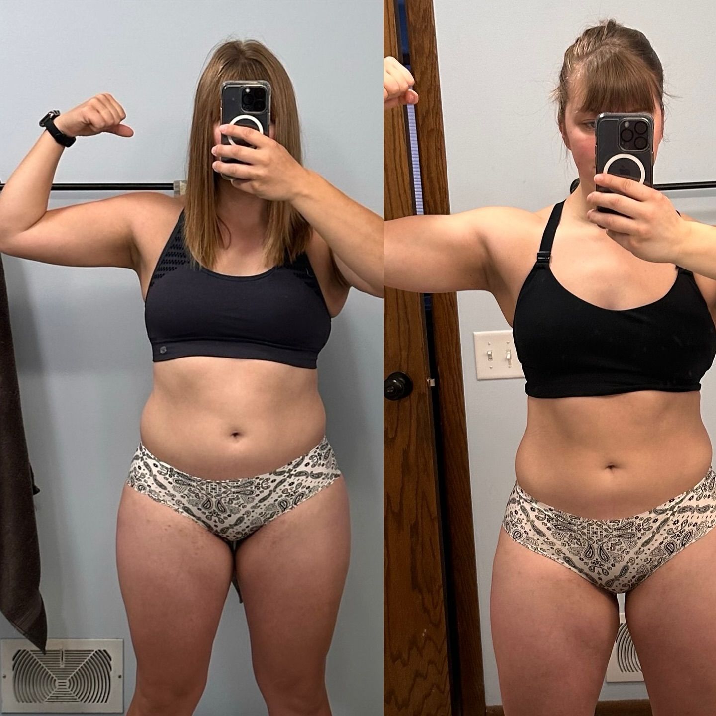 Side-by-side mirror selfie of a person flexing, showing before-and-after body progress in a home setting