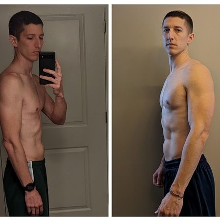 Side-by-side mirror selfies of a shirtless man showing before-and-after physique progress
