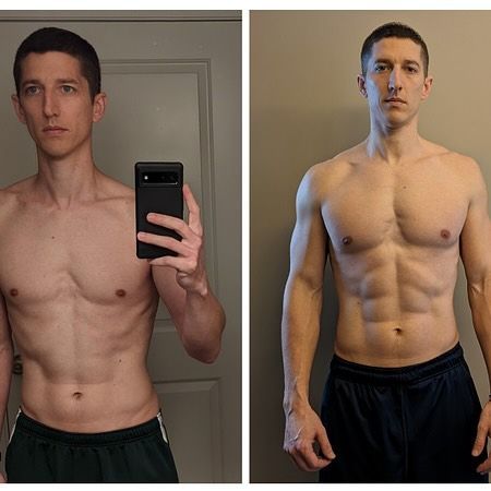 Side-by-side mirror selfies showing a lean torso on the left and a more muscular torso on the right.