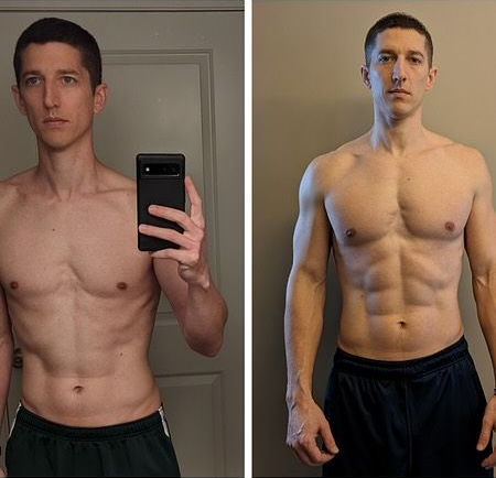 Side-by-side torso progress photos of a man, one mirror selfie before and one front-facing after, in dark shorts