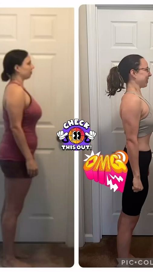 Side-by-side profile photos of the same person, one before and one after weight loss, with “check this out” and “OMG” stickers.