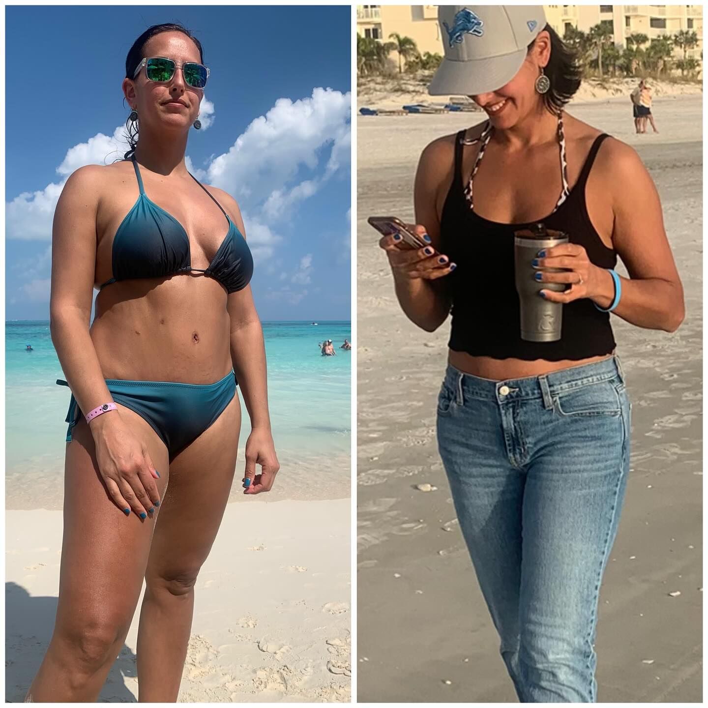 Beachside before-and-after collage: woman in bikini on the sand, and in jeans with a phone and drink.