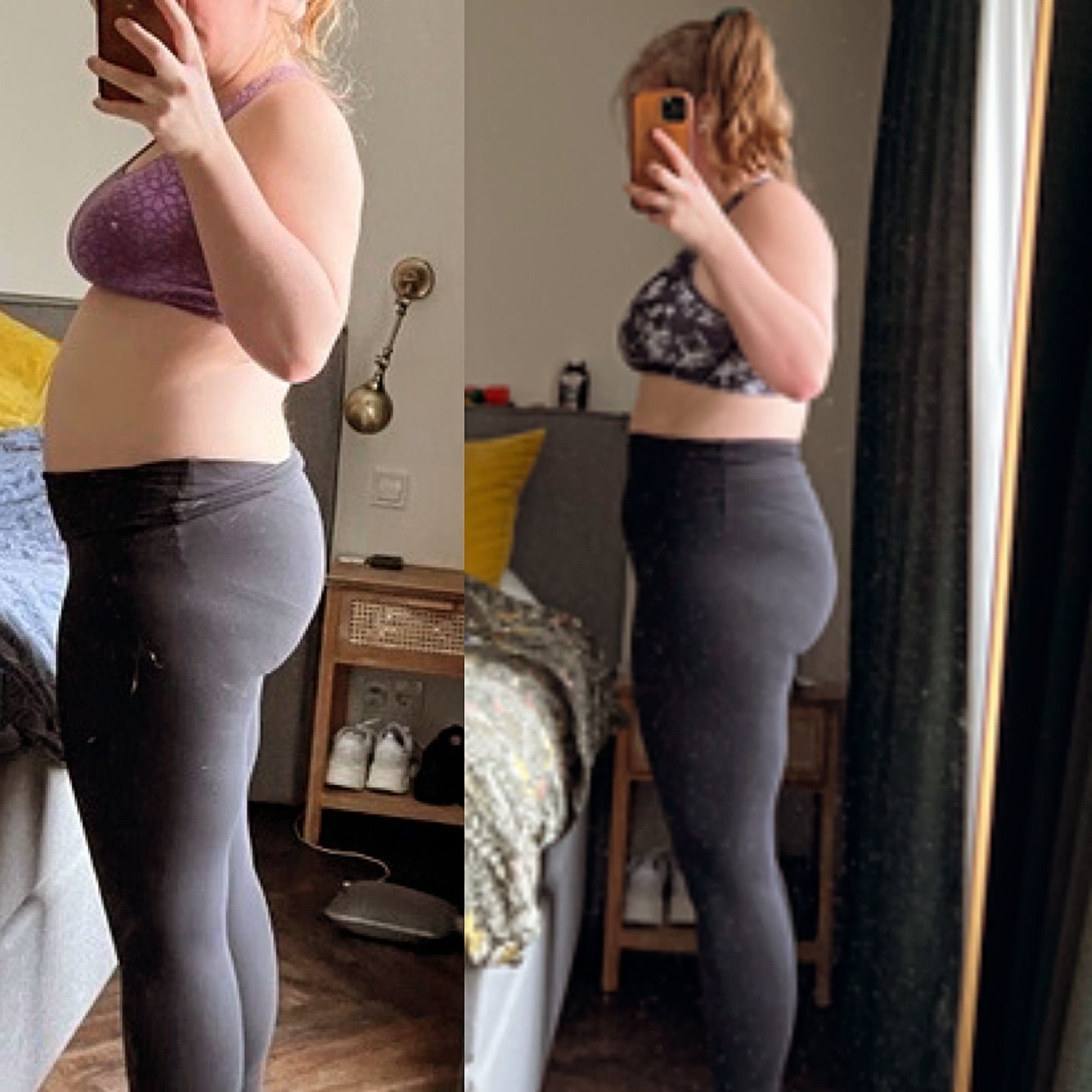 Side-by-side mirror photos of a person in workout clothes, showing a side profile in a bedroom.