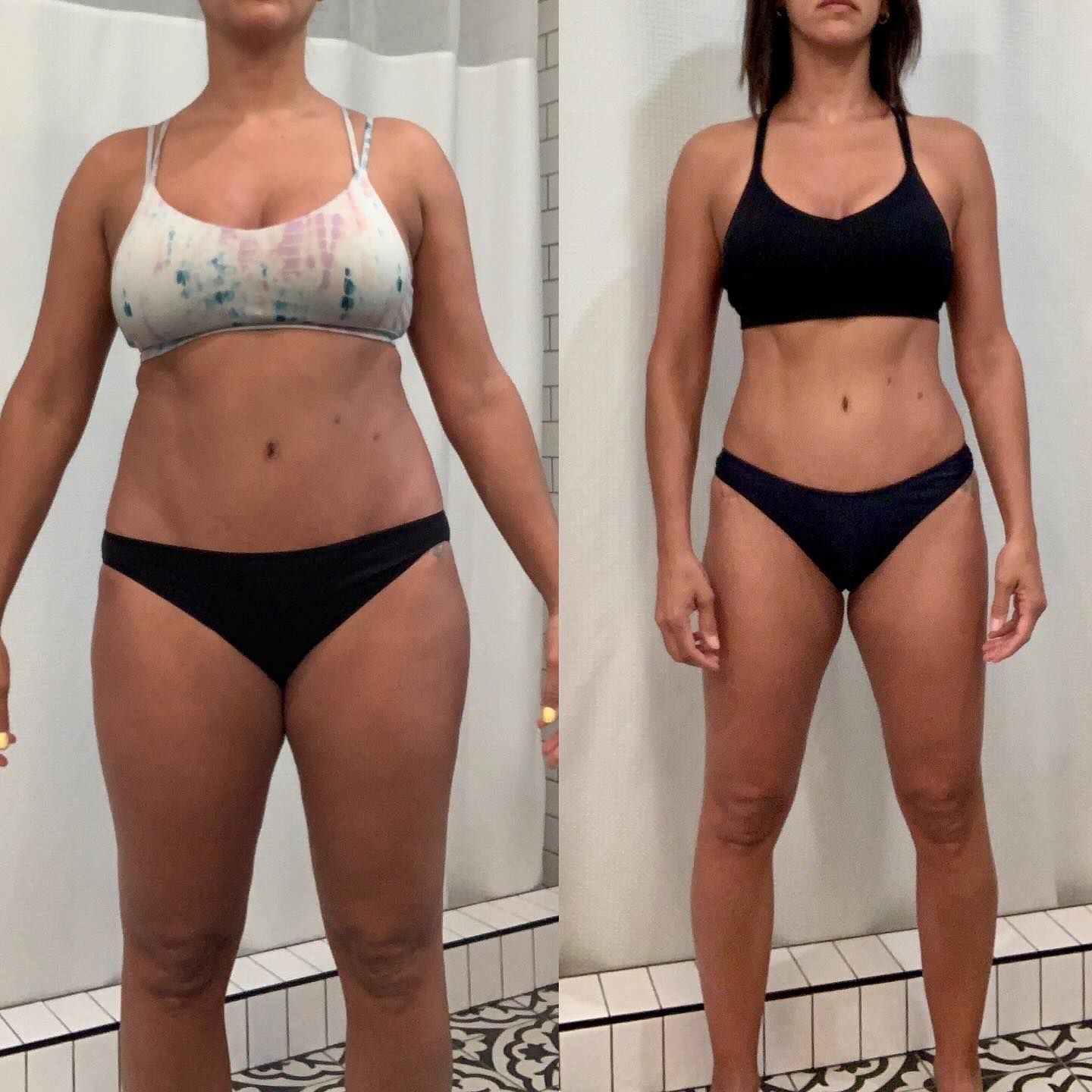 Side-by-side progress photos of a person in a bikini, indoors against a curtain and tiled floor.