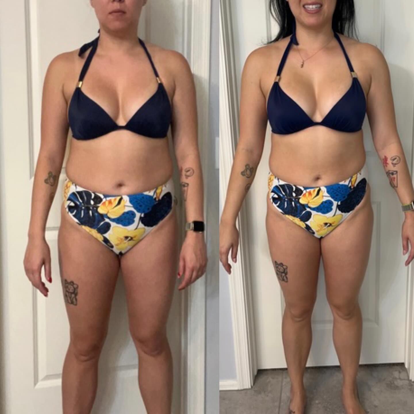Side-by-side full-body photos of a woman in a navy bikini and floral bottoms, standing indoors with a curtain backdrop