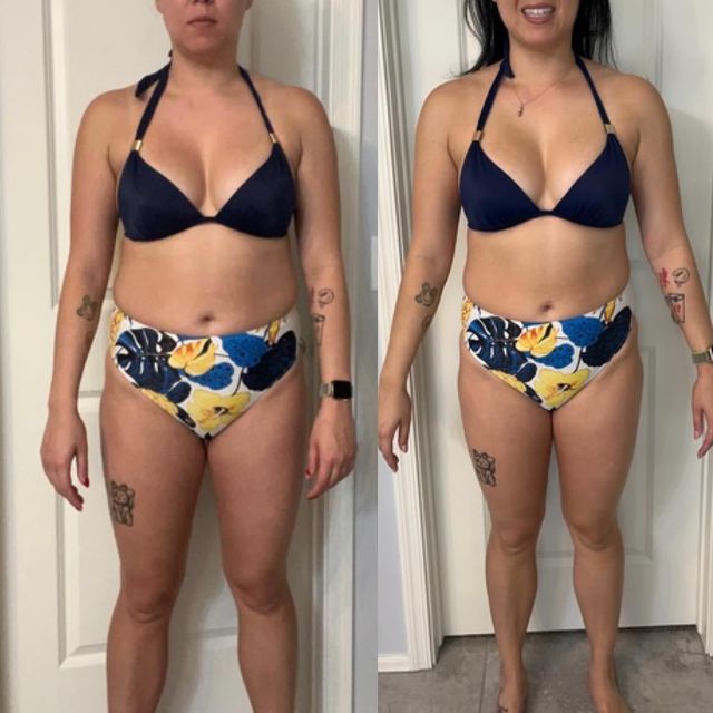 Side-by-side mirror selfie in a bikini, showing a before-and-after style comparison against a white curtain.