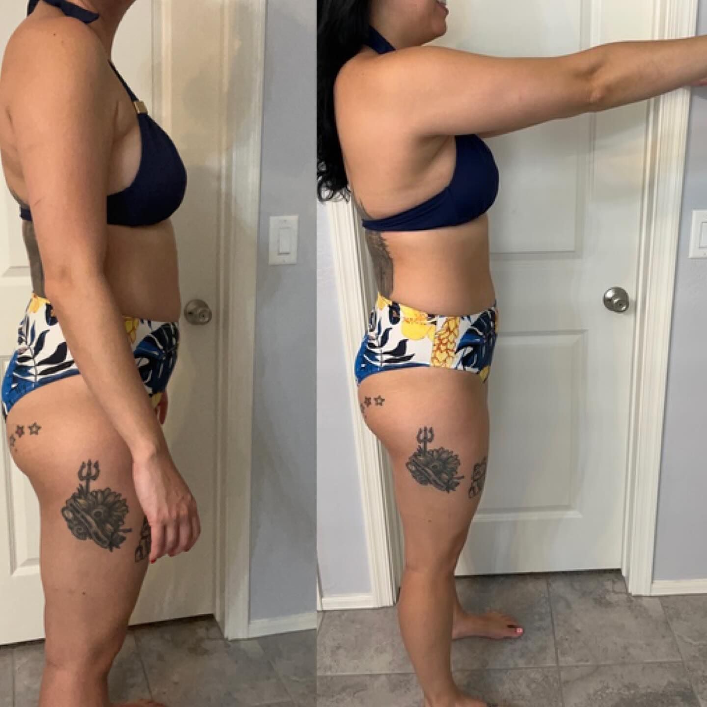 Side-by-side profile photos of a person in a bikini, showing a side body comparison indoors.