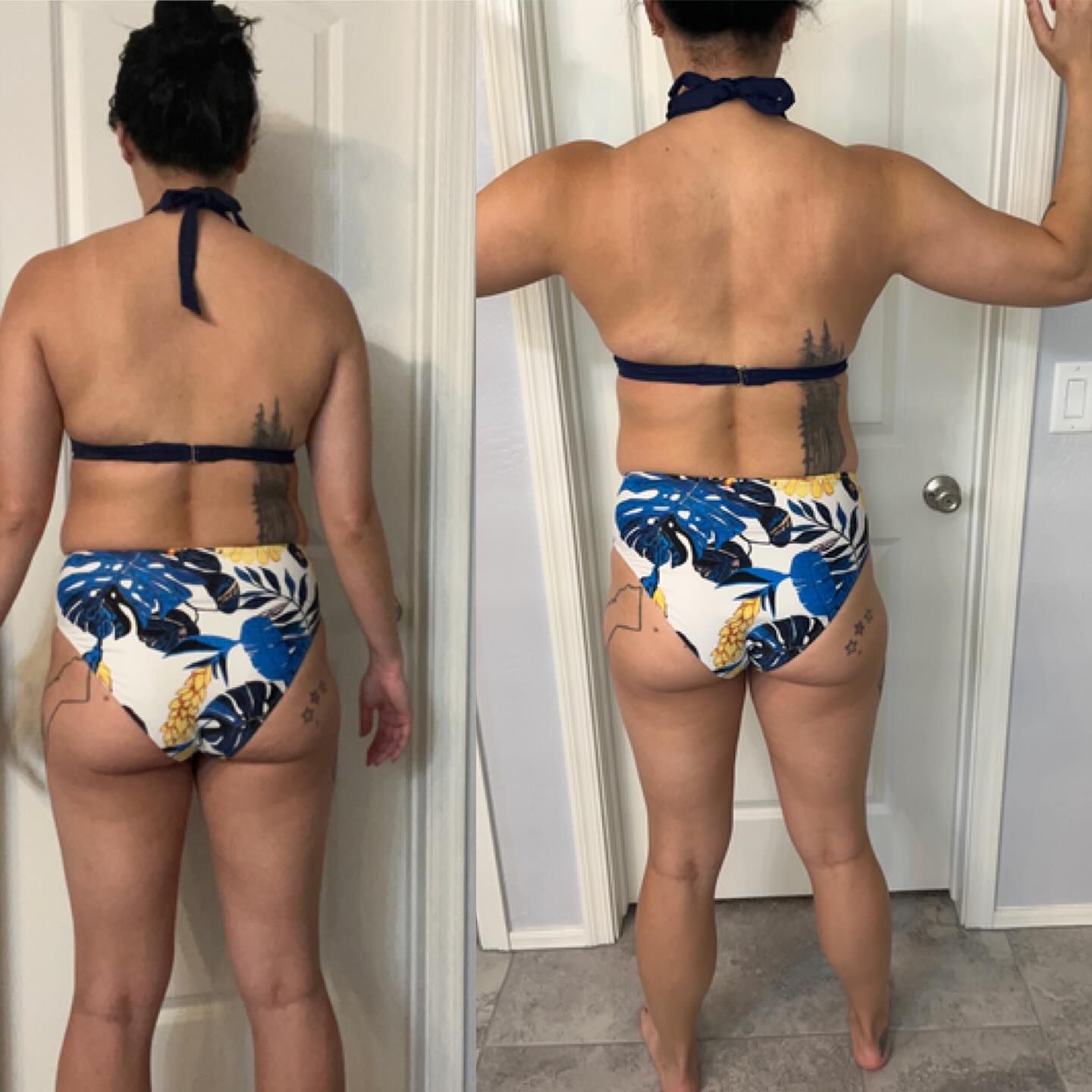 Person in a blue halter top and floral swim bottoms, shown from back in side-by-side comparison photos.