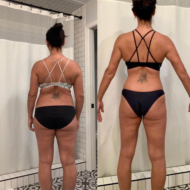 Side-by-side back-view photos of a person in a white-tiled bathroom, wearing a sports bra and black underwear.