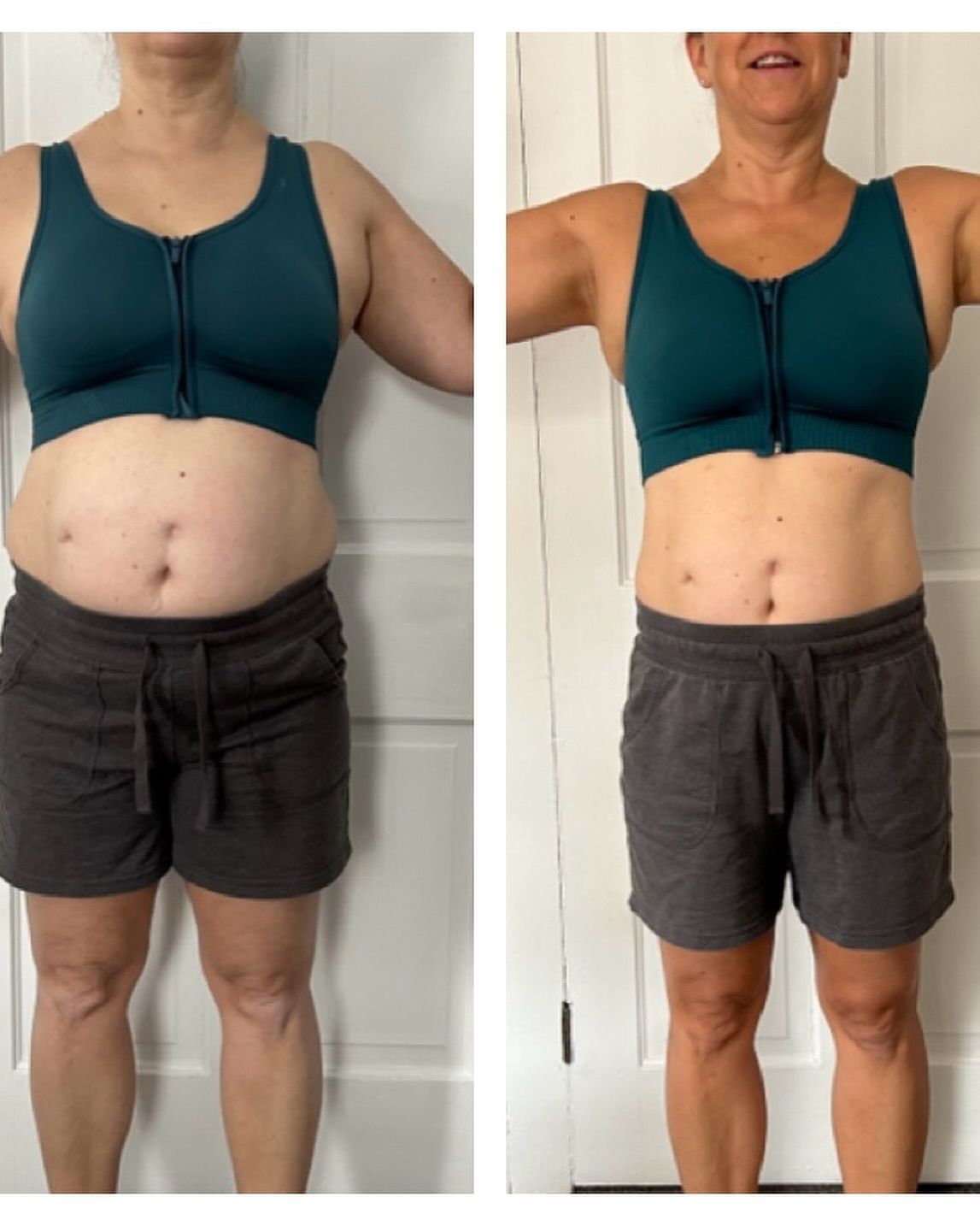 Side-by-side torso photos showing a person in teal sports bra and dark shorts, one before and one after.