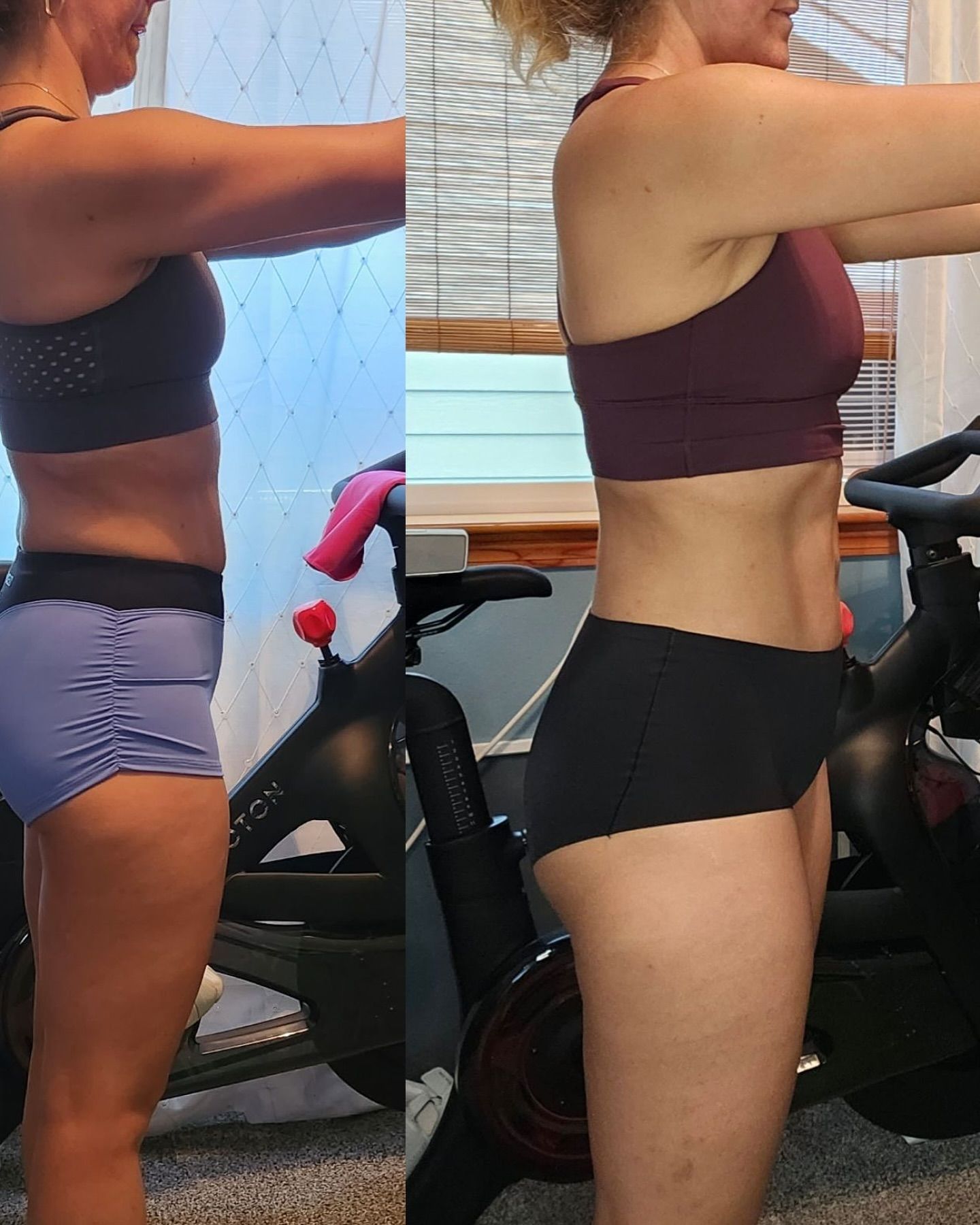 Side-by-side torso photos showing a person’s body profile in workout clothes indoors.