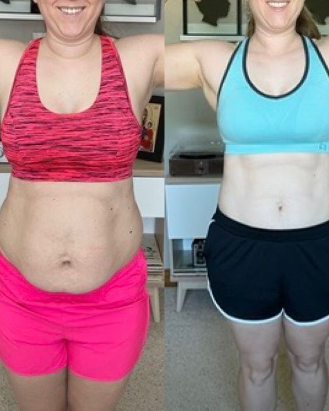 Side-by-side before-and-after torso photo in sportswear, showing a slimmer waist and body transformation.