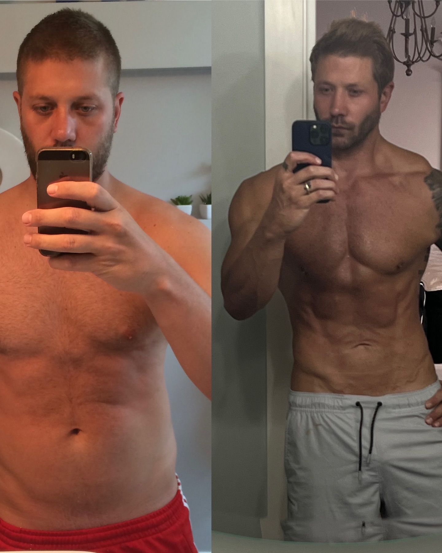 Side-by-side mirror selfies showing a shirtless man’s before-and-after physique transformation.