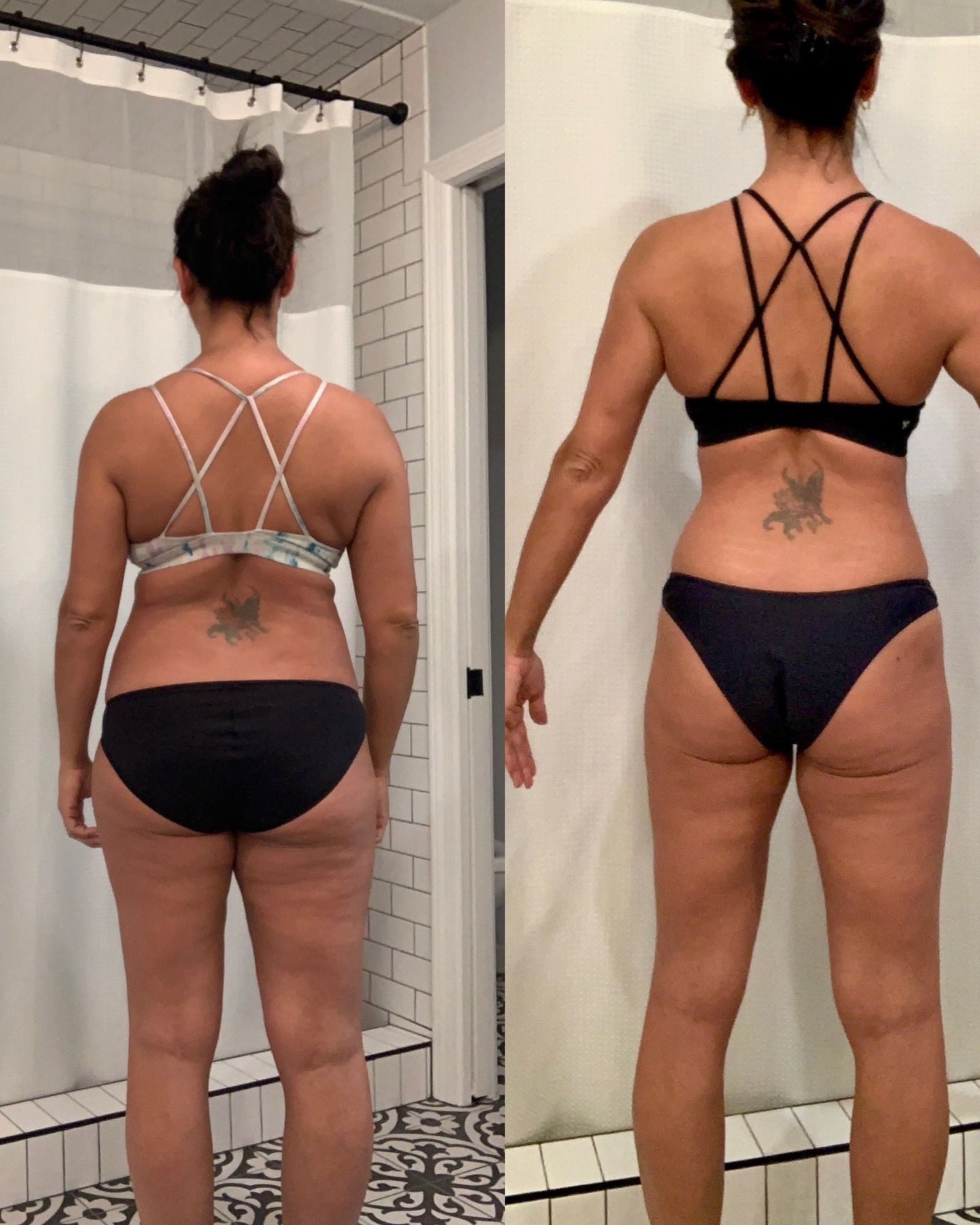Side-by-side back-view progress photos of a person in a bathroom, before and after weight loss.