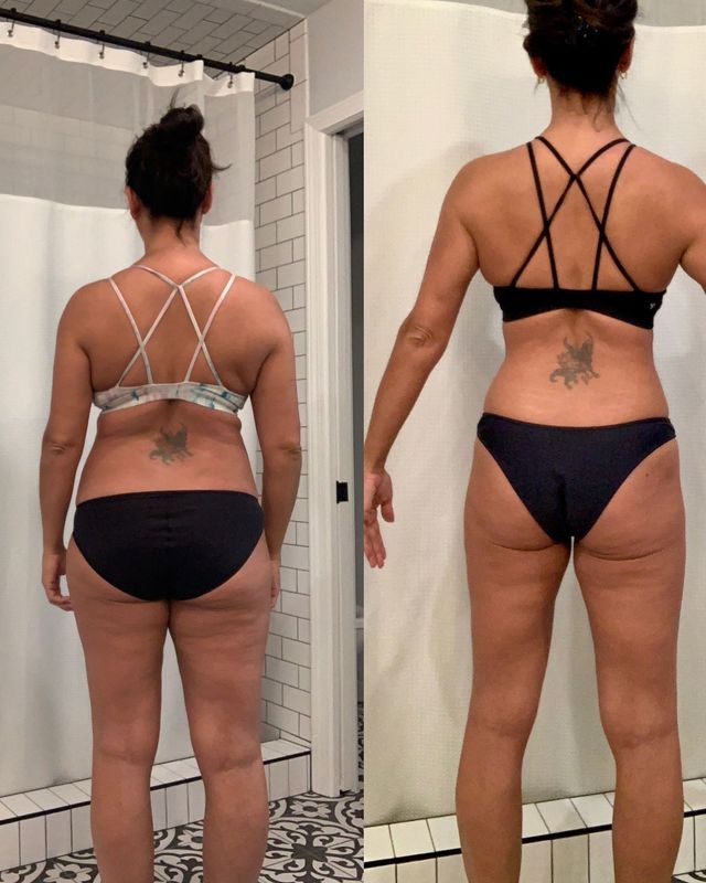Side-by-side back-view body comparison in underwear and sports bras, showing before and after fitness progress.