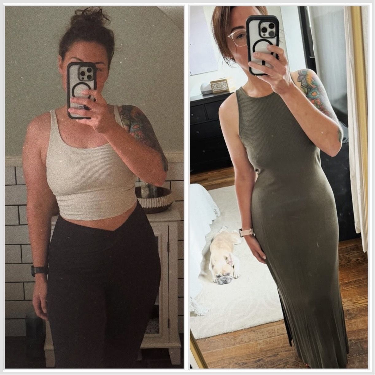 Side-by-side mirror selfies of the same person in workout clothes, showing before-and-after style progress.