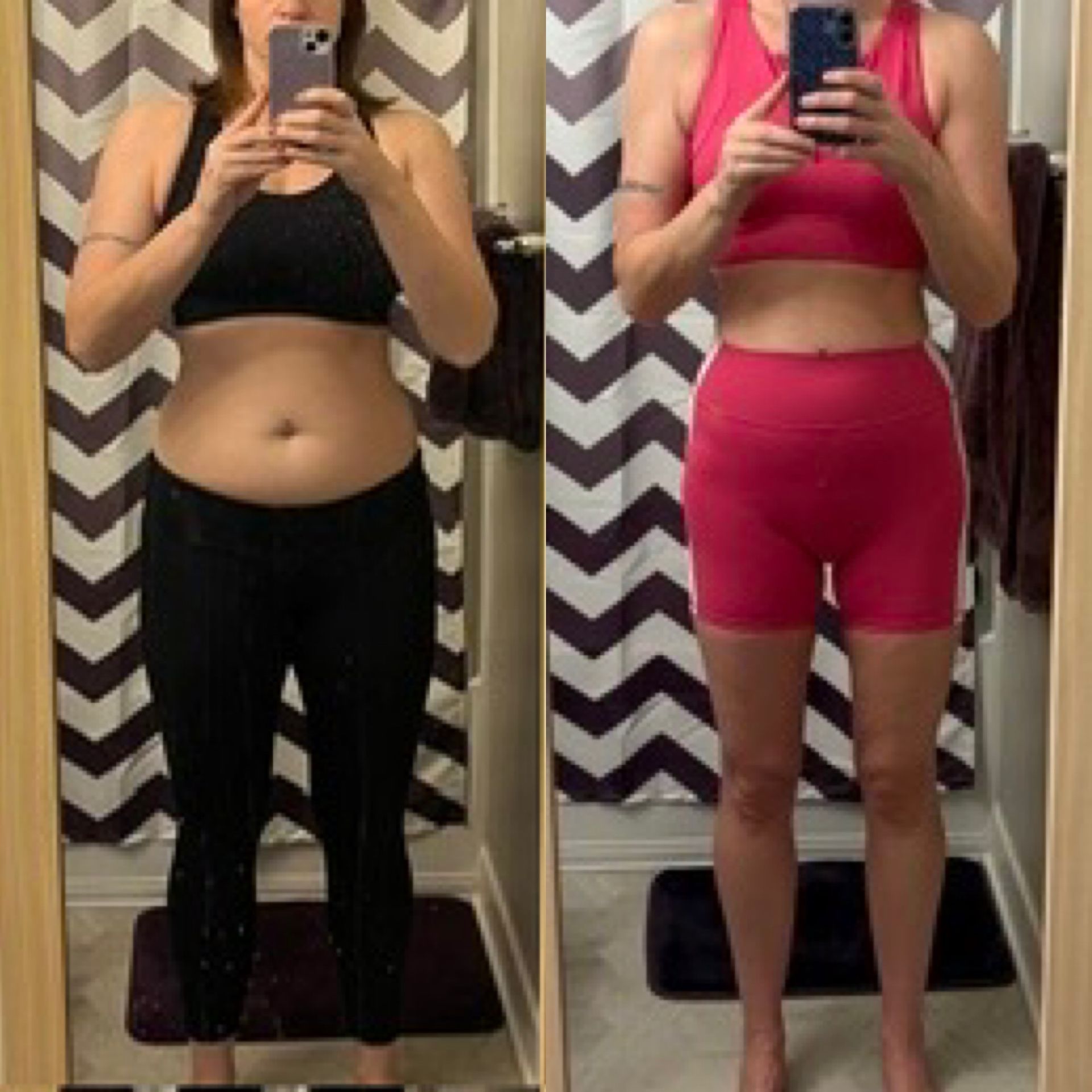 Side-by-side mirror selfies showing a black outfit before and a pink workout outfit after.