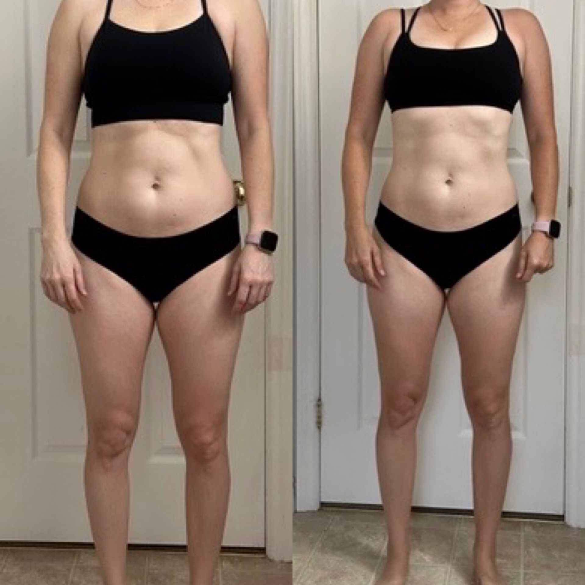 Side-by-side front-view photos of a person in black sportswear standing against a white door.