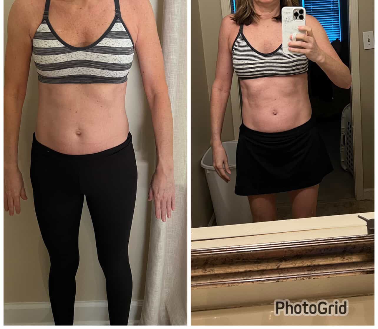 Before-and-after mirror selfie showing torso in striped sports bra and black skirt/leggings.